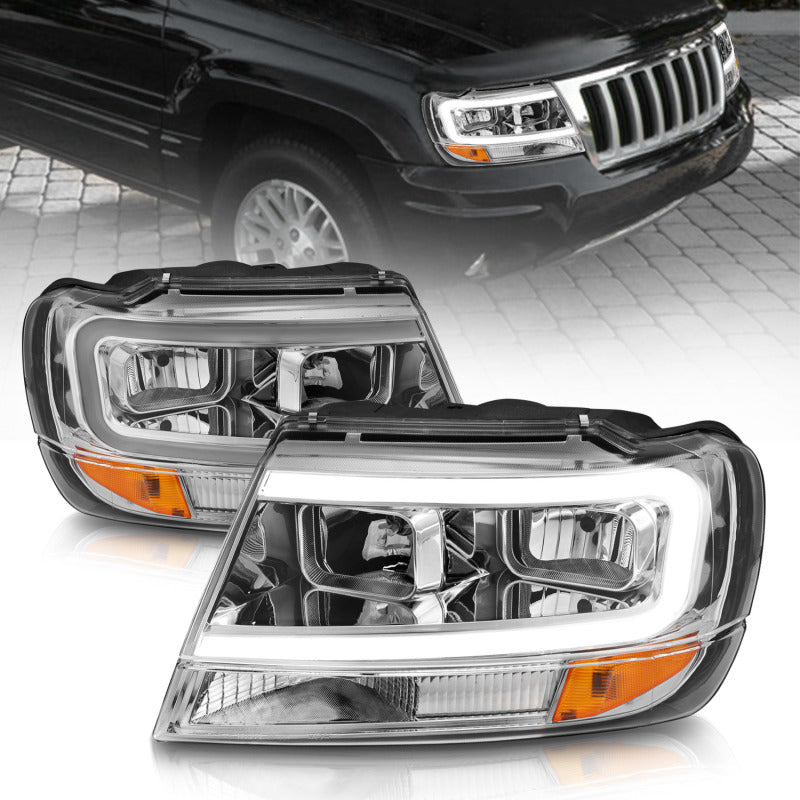 ANZO 1999-2004 Jeep Grand Cherokee Crystal Headlights w/ Light Bar Chrome Housing 111538