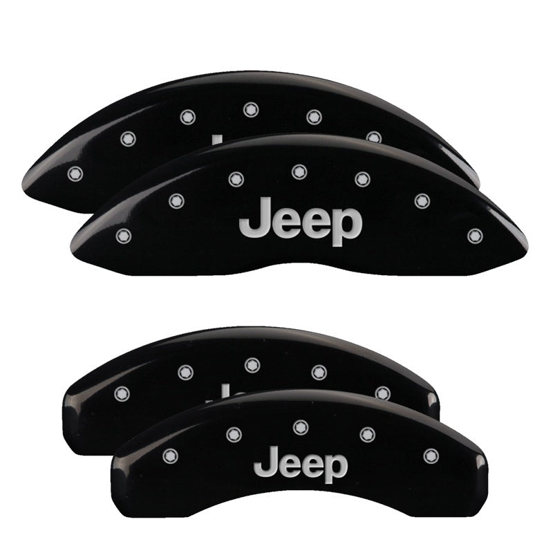 MGP 4 Caliper Covers Engraved Front & Rear 11-18 Jeep Grand Cherokee Black Finish Silver Jeep Logo 42020SJEPBK