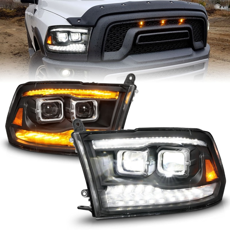 ANZO 09-18 Dodge Ram 1500/2500/3500 Full LED Proj Headlights w/Switchback Light Bar - Black 111595