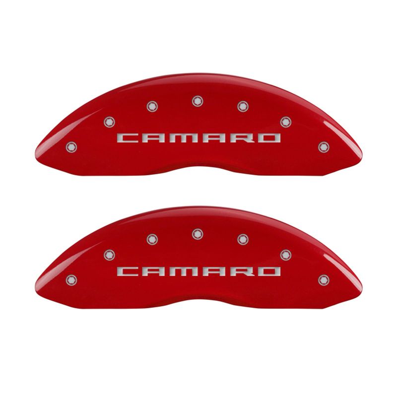 MGP 4 Caliper Covers Engraved Front & Rear Gen 5/Camaro Red finish silver ch 14033SCA5RD