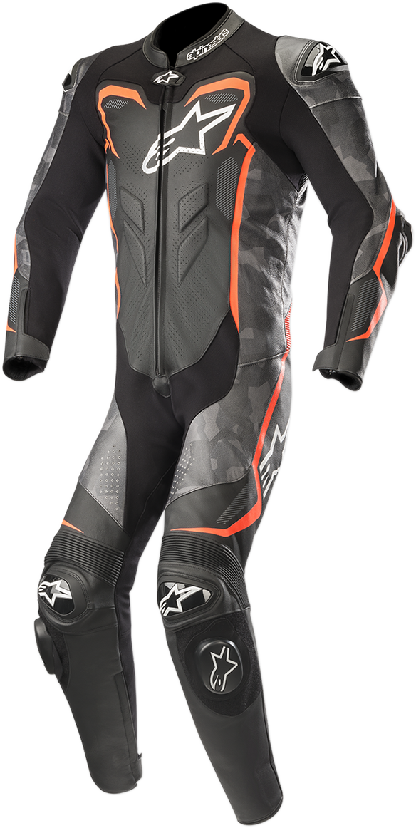 ALPINESTARS GP Plus v2 Camo 1-Piece Leather Suit - Black/Charcoal/Red Fluorescent - US 48 / EU 58 3150718-994-58