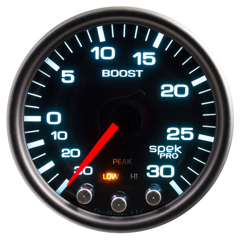 Autometer Spek-Pro Gauge Vac/Boost 2 1/16in 30Inhg-30psi Stepper Motor Peak & Warn Black/Smoke/Black P30252