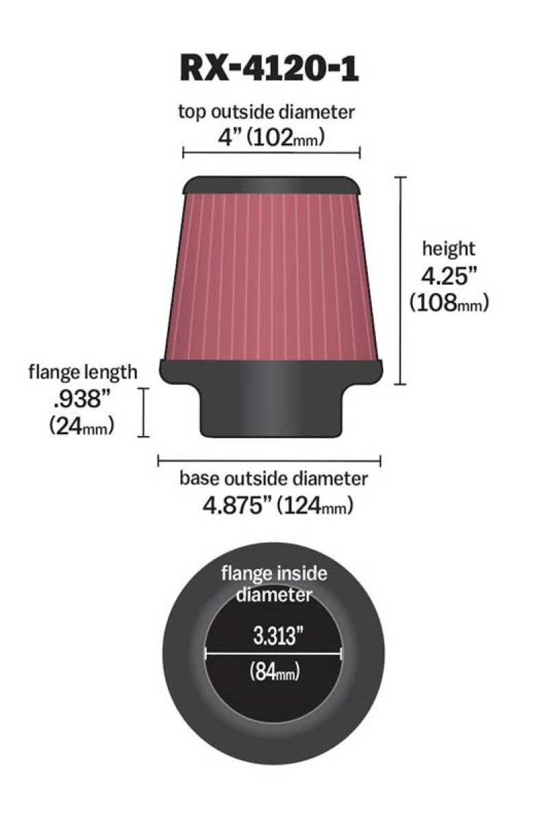 K&N Universal X-Stream Clamp-On Air Filter 3.313in Flg ID/4.875in Base OD/4in Top OD/4.25in H RX-4120-1