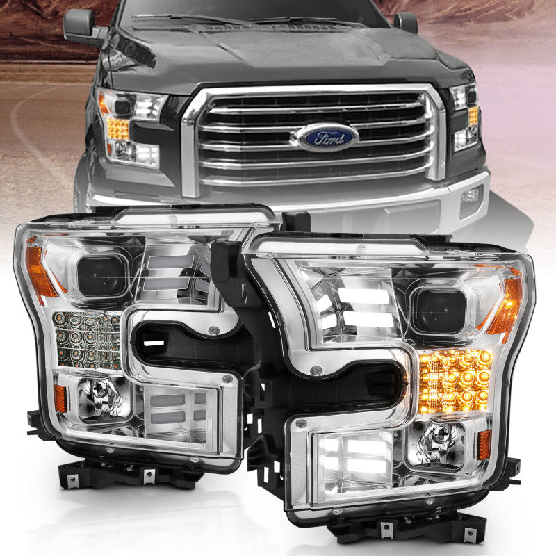 ANZO 15-17 Ford F-150 Proj Headlights w/ Plank Style Design Chrome w/ Amber Sequential Turn Signal 111409