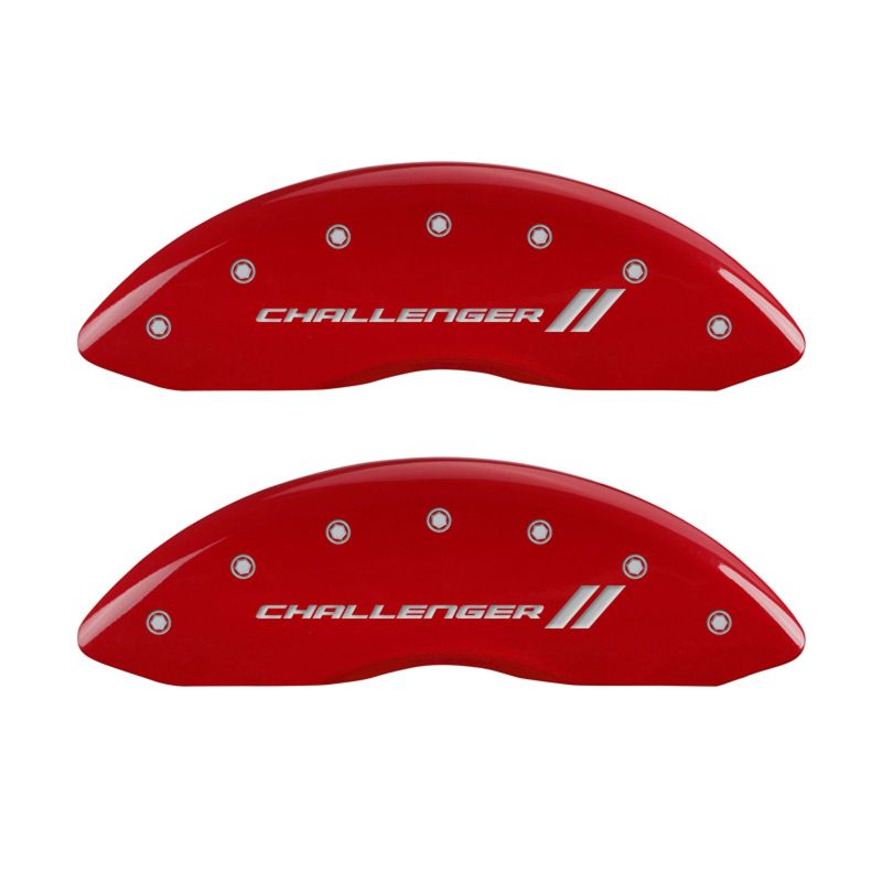 MGP 4 Caliper Covers Engraved Front & Rear With stripes/Challenger Red finish silver ch 12162SCL1RD