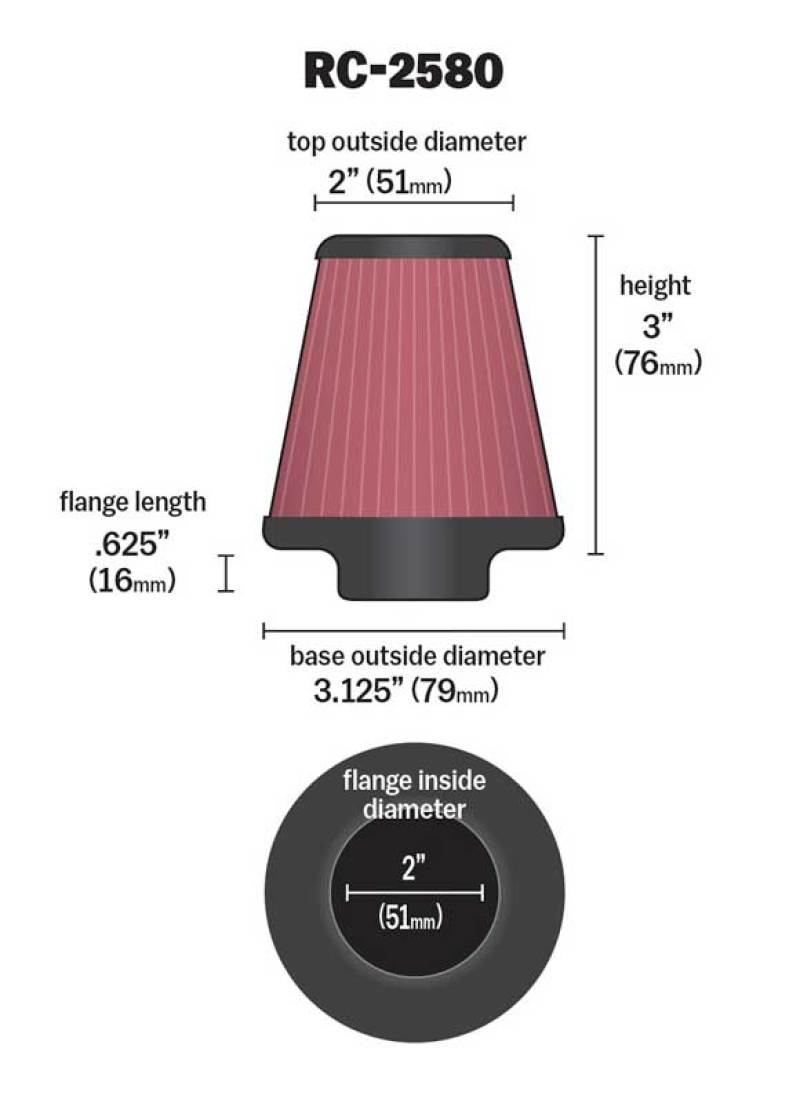 K&N Universal Clamp-On Air Filter 2in FLG / 3-1/8in B / 2in T / 3in L RC-2580