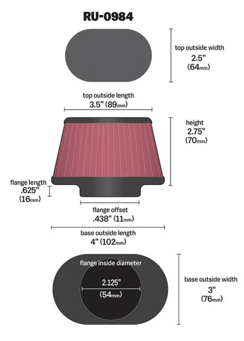 K&N Universal Rubber Filter 2.125in Flange ID/3in x 4in Tapered Oval/2.75in Height (4 Filters) RU-0984