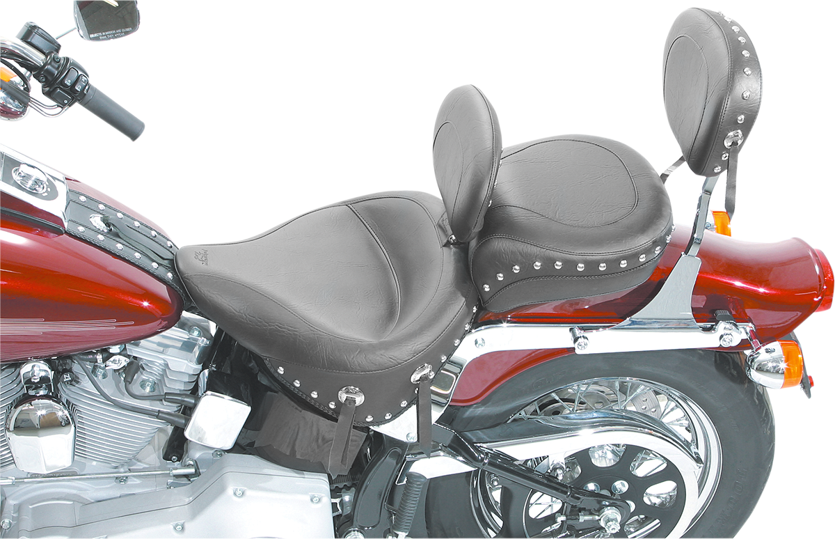 MUSTANG Wide Solo Seat - With Backrest - Black - Studded W/Concho - Softail '00-'05 79120