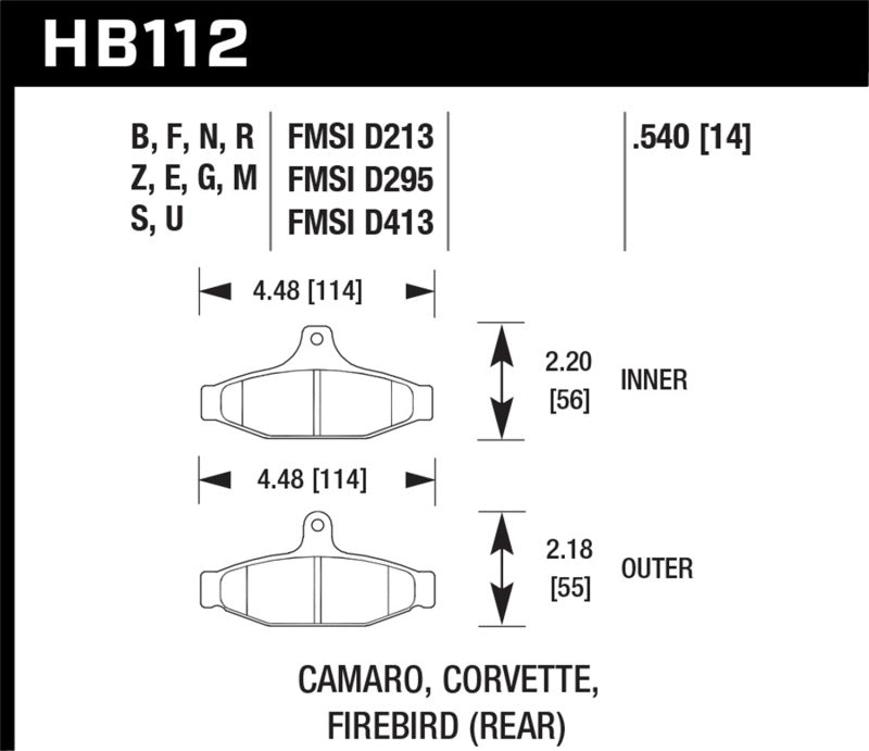 Hawk 85-97 Chevrolet Camaro w/Rear Disc Brakes/84-96 Chevrolet Corvette DTC-60 Race Rear Brake Pads KHB112G.540