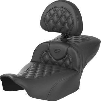 SADDLEMEN Heated RoadSofa™ Seat - Exended Reach - Lattice Stitch - w/ Backrest - FLT/FLH ’23-‘24 823-07-207C0