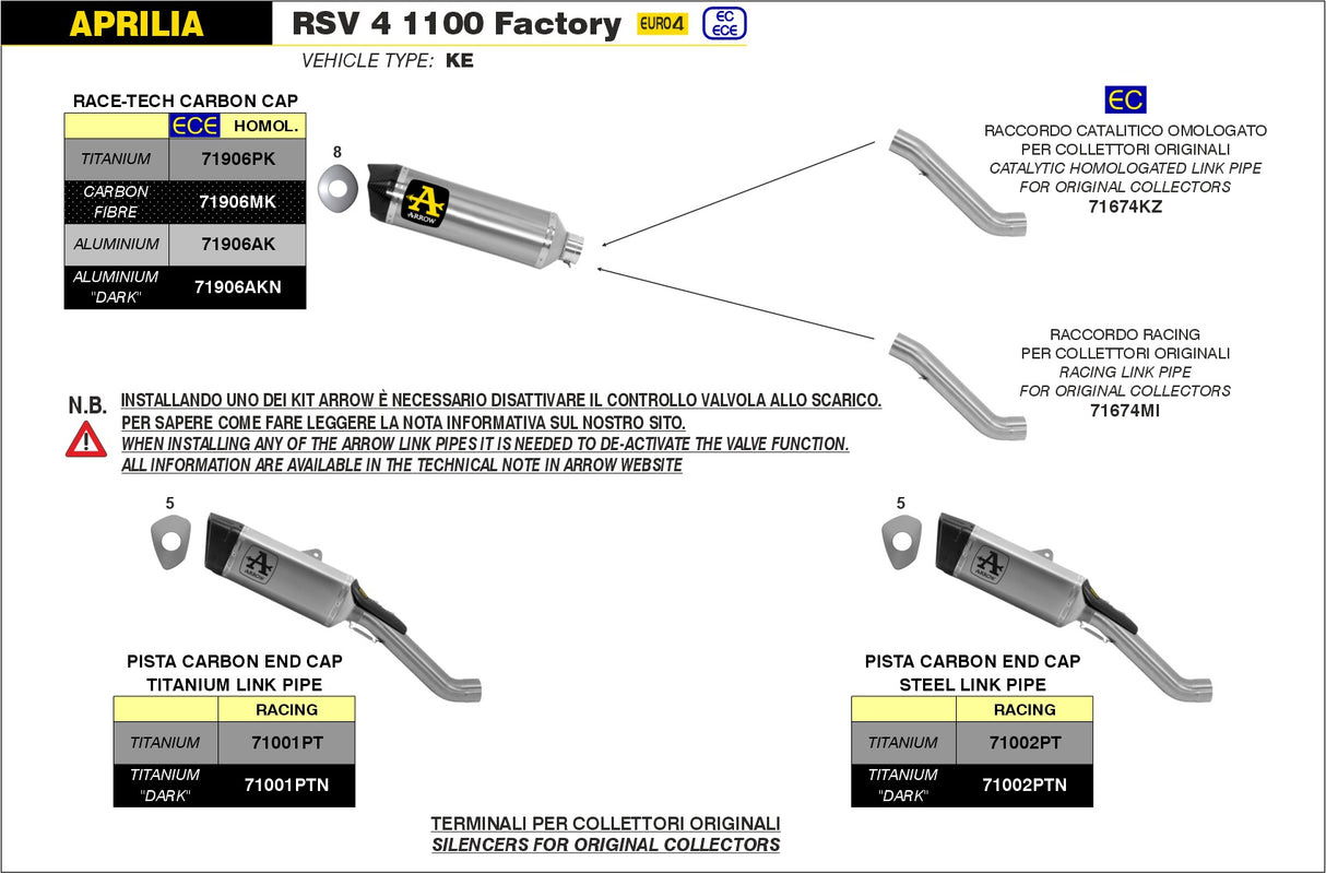 71001pt Arrow Aprilia Rsv4 1100 19-20 Factory Titanium Link Pipe+Titanium Pista Silencer With Carbon End Cap And Db Killer