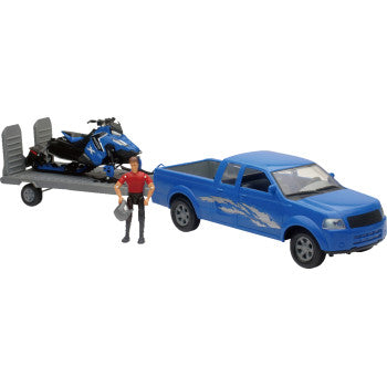 New Ray Toys Pick Up Truck w/ Polaris Switchback Snowmobile Set - 1:18 Scale - Blue SS-37406A
