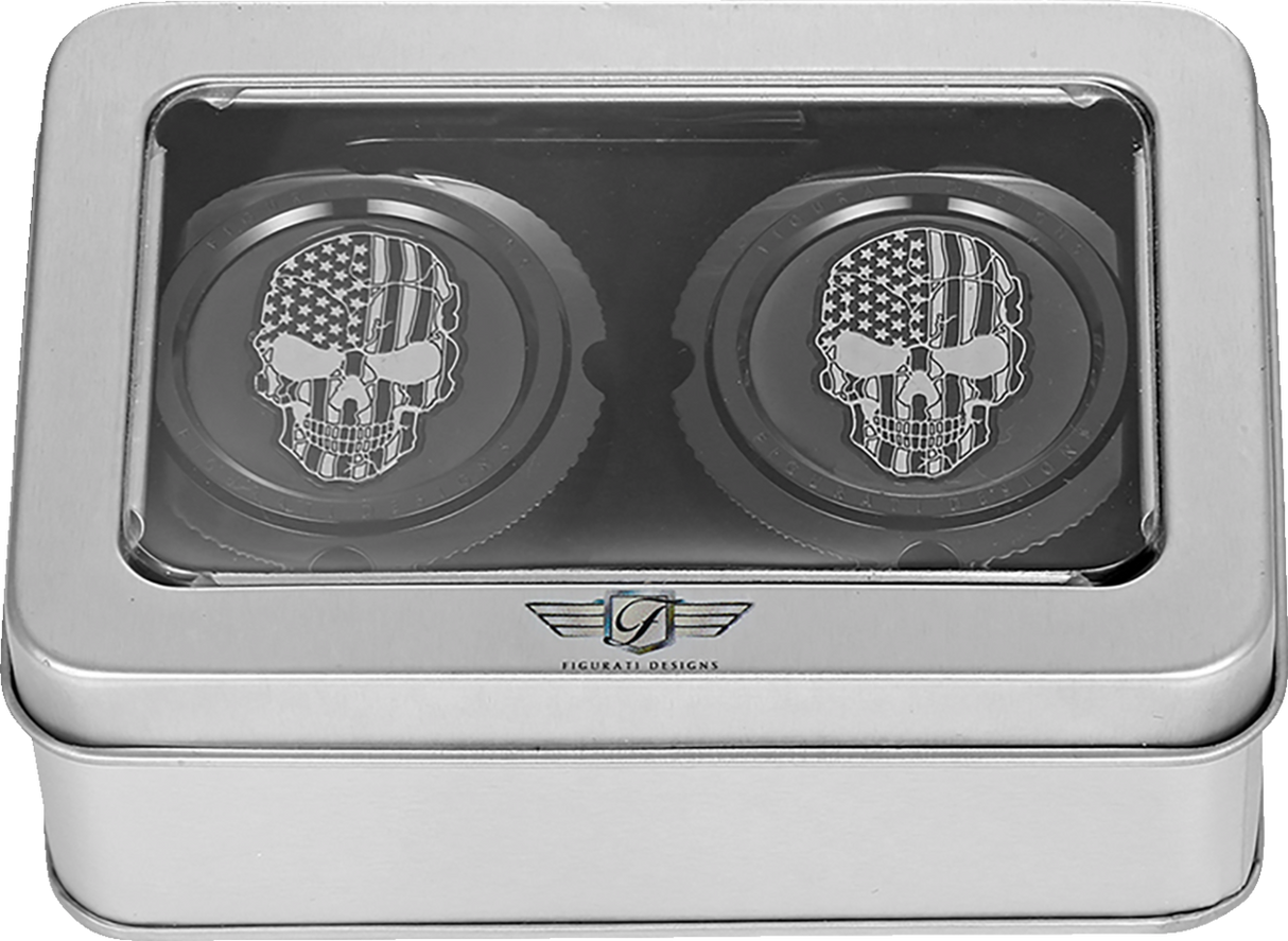 FIGURATI DESIGNS Front Axle Nut Cover - Stainless Steel - Black w/American Flag Skull - Contrast Cut FD28-FAC-BK