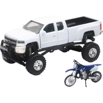 New Ray Toys Chevrolet Silverado Offroad Pick Up w/ Yamaha Dirt Bike - 1:32 Scale - White/Black/Blue SS-54416