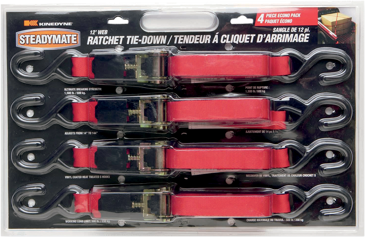 STEADYMATE Ratchet Tie-Downs - 1" x 1' - 4 Pack - Red 15531