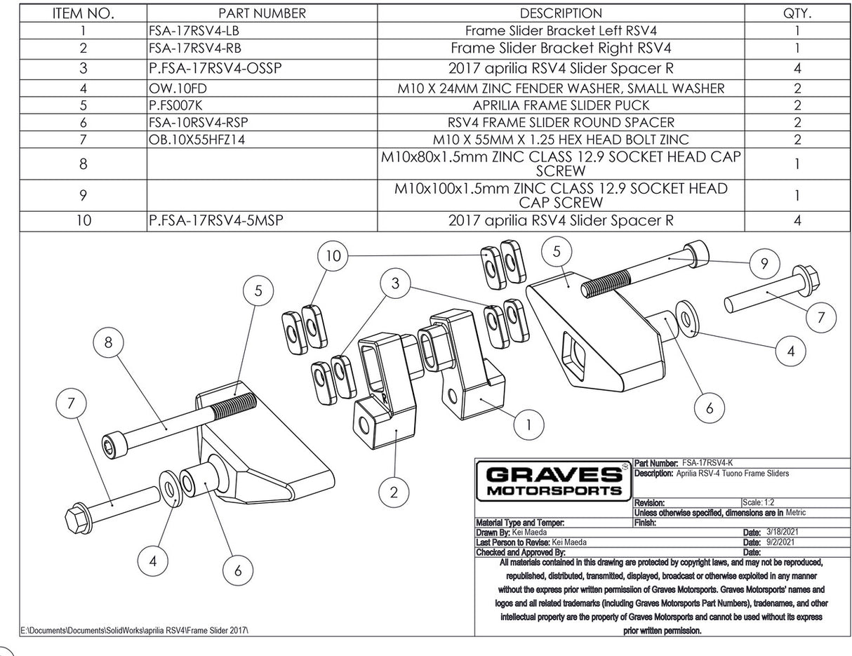 Graves Motorsports Frame Sliders 09-20 Rsv4 / 11-17 Tuono V4/ 16-20 Tuono V4 1100 Fsa-17rsv4-K