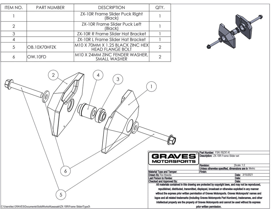 Graves Motorsports Frame Sliders For  Zx-10r 2016-2024   Fsk-16zx1-K