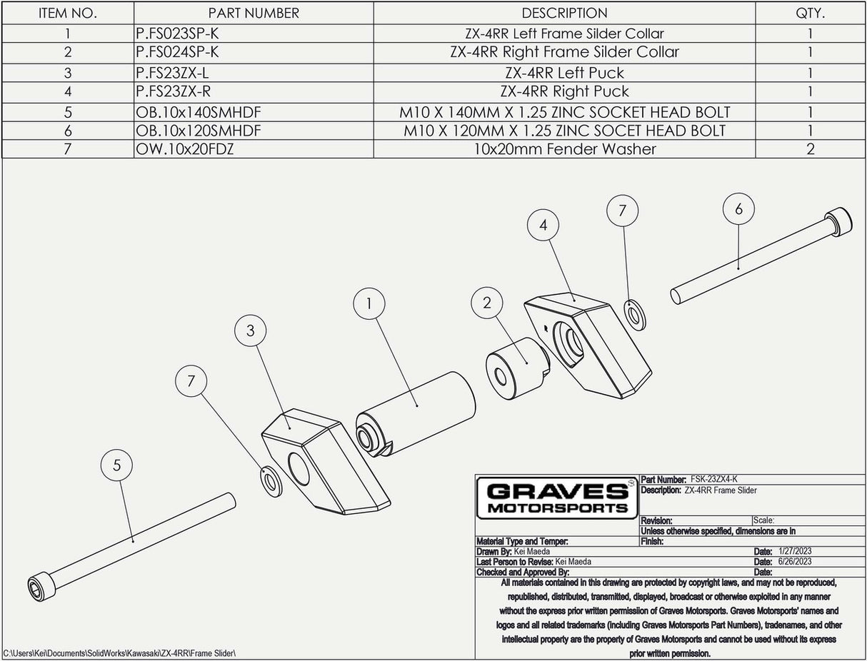 Graves Kawasaki ZX-4RR 2023-2024 Frame Slider Kit FSK-23ZX4-K