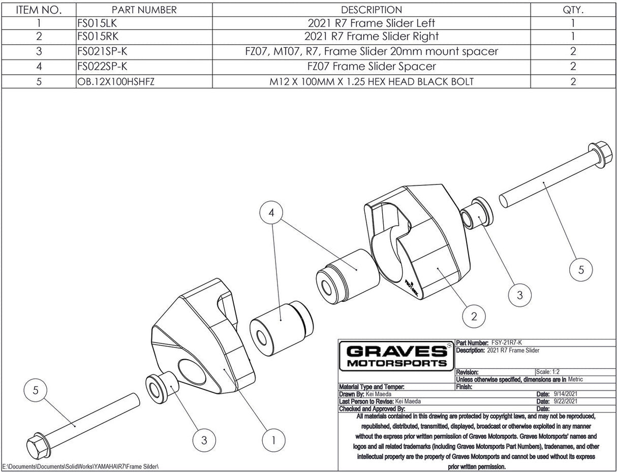 Graves R7 Diamond Frame Sliders 2021-2024 Fsy-21r7-K