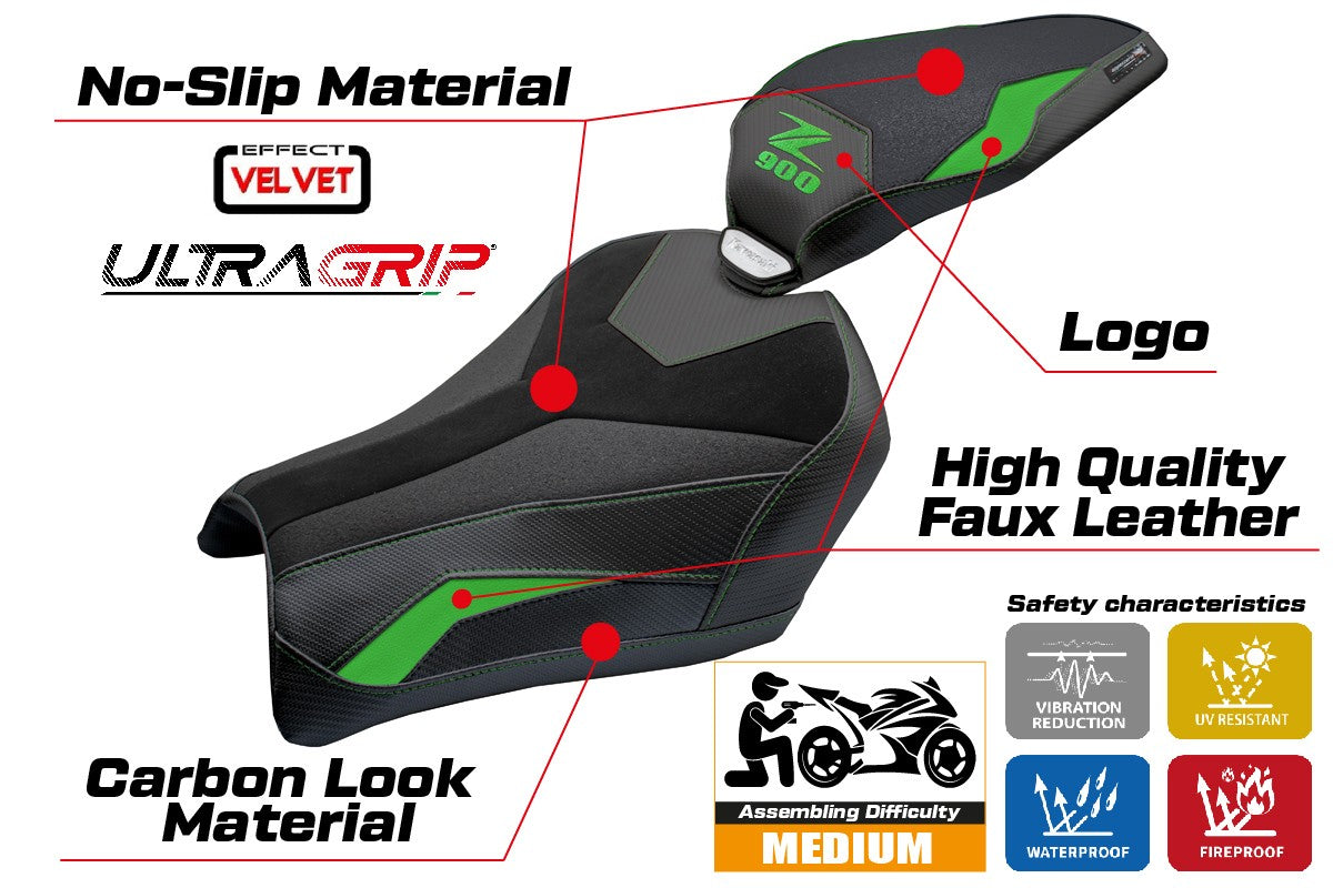 Tappezzeria Italia Kawasaki Z900 2025 Seat Cover Velvet Ultragrip Green Black