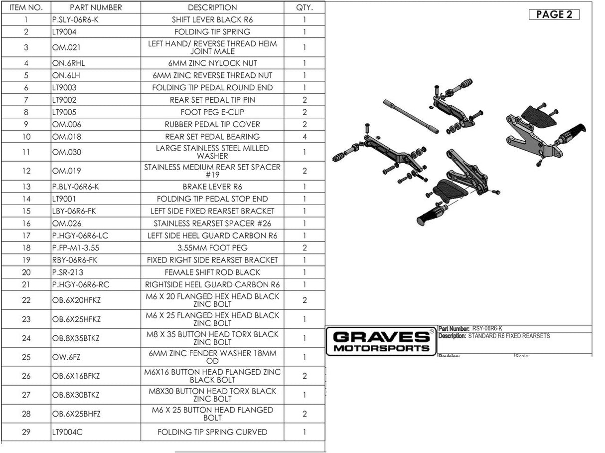 Graves motorsports  fixed rearsets R6 2006-2022 RSY-06R6-K