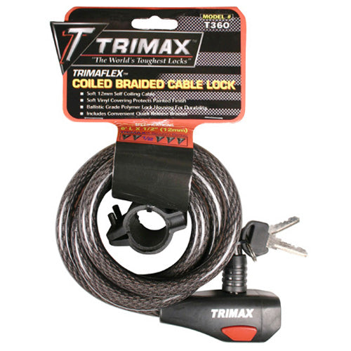 Trimax Coiled Braided Cable Lock - 6ft X 12mm TX3600