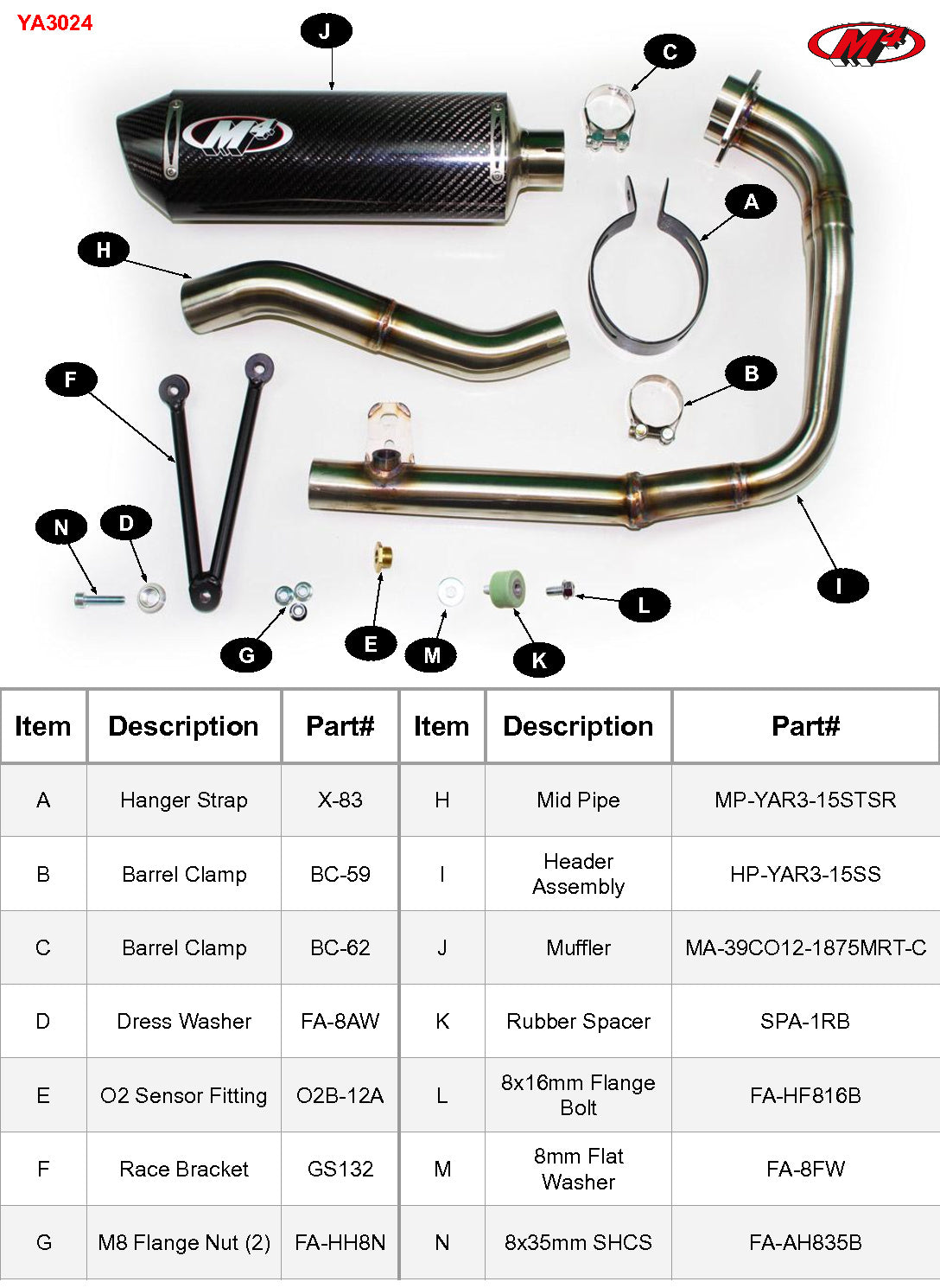 Sistema completo de escape M4, bote de fibra de carbono 2015-2022 R3 YA3024