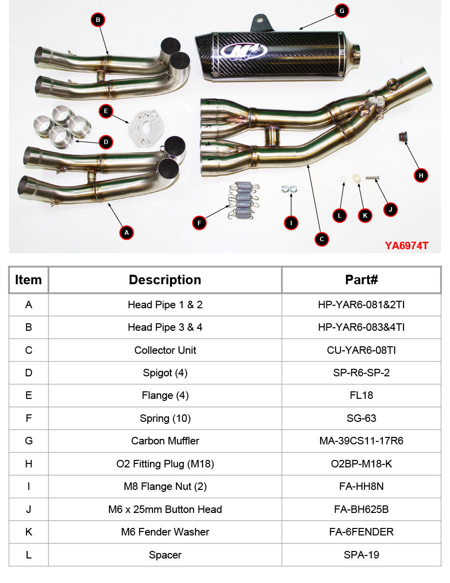 Sistema de escape M4 de titanio completo, bote de fibra de carbono R6 2006-2020 YA6974T