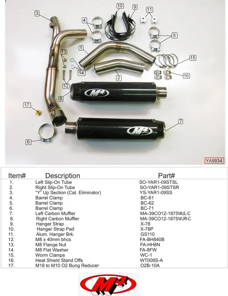 M4 Exhaust CAT Eliminator Slip-On with Carbon Fiber Canisters 2009-2014 R1 YA9934