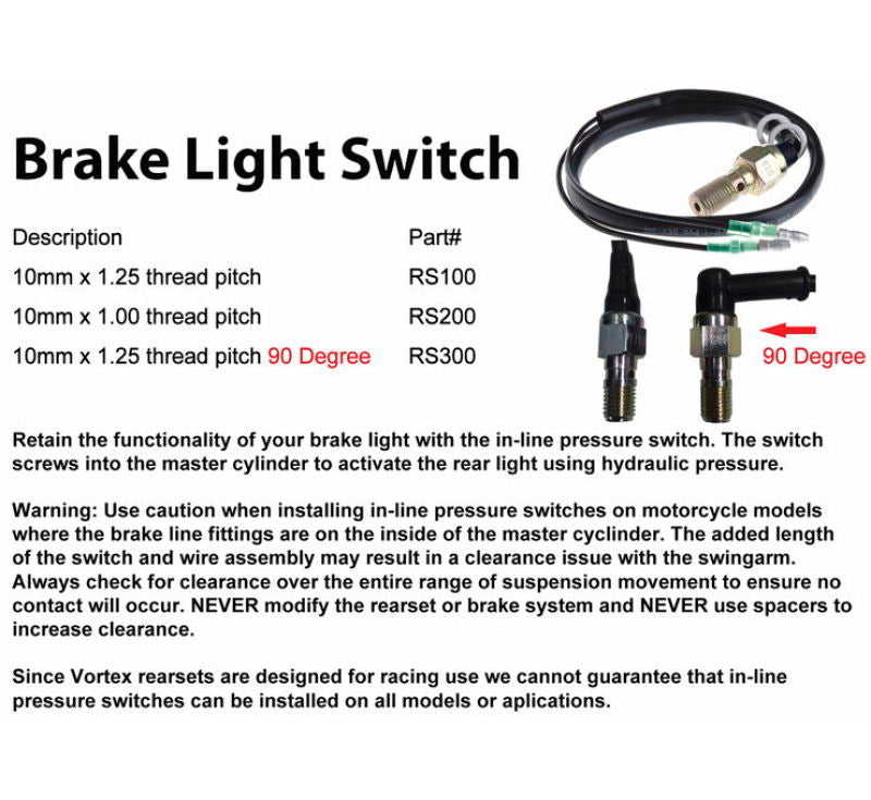 Vortex Racing Rearsets Replacement Brake Light Press Switch M10 x 1.00 RS200