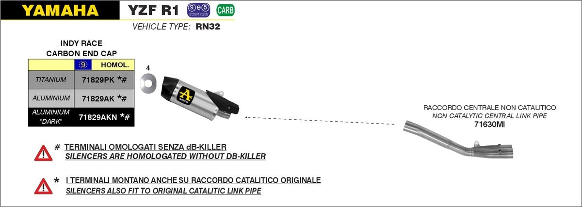 71829AK Arrow Yamaha Yzf R1 15-25 Homologated Aluminium Indy Race Silencer With Carbon End Cap For Original Collectors