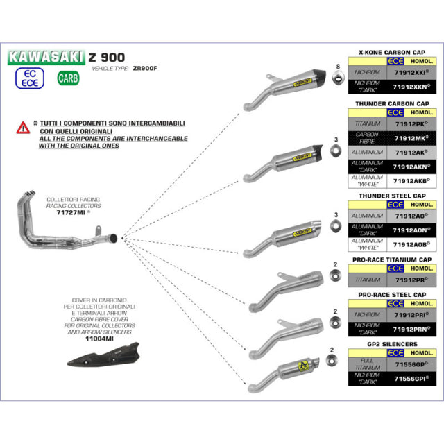 71912XKI  Arrow Z900 20-25 Homologated X-Cone Exh With Welded Linkpipe And Carbon Endcap For Original Or Arrow Collectors 71912xki