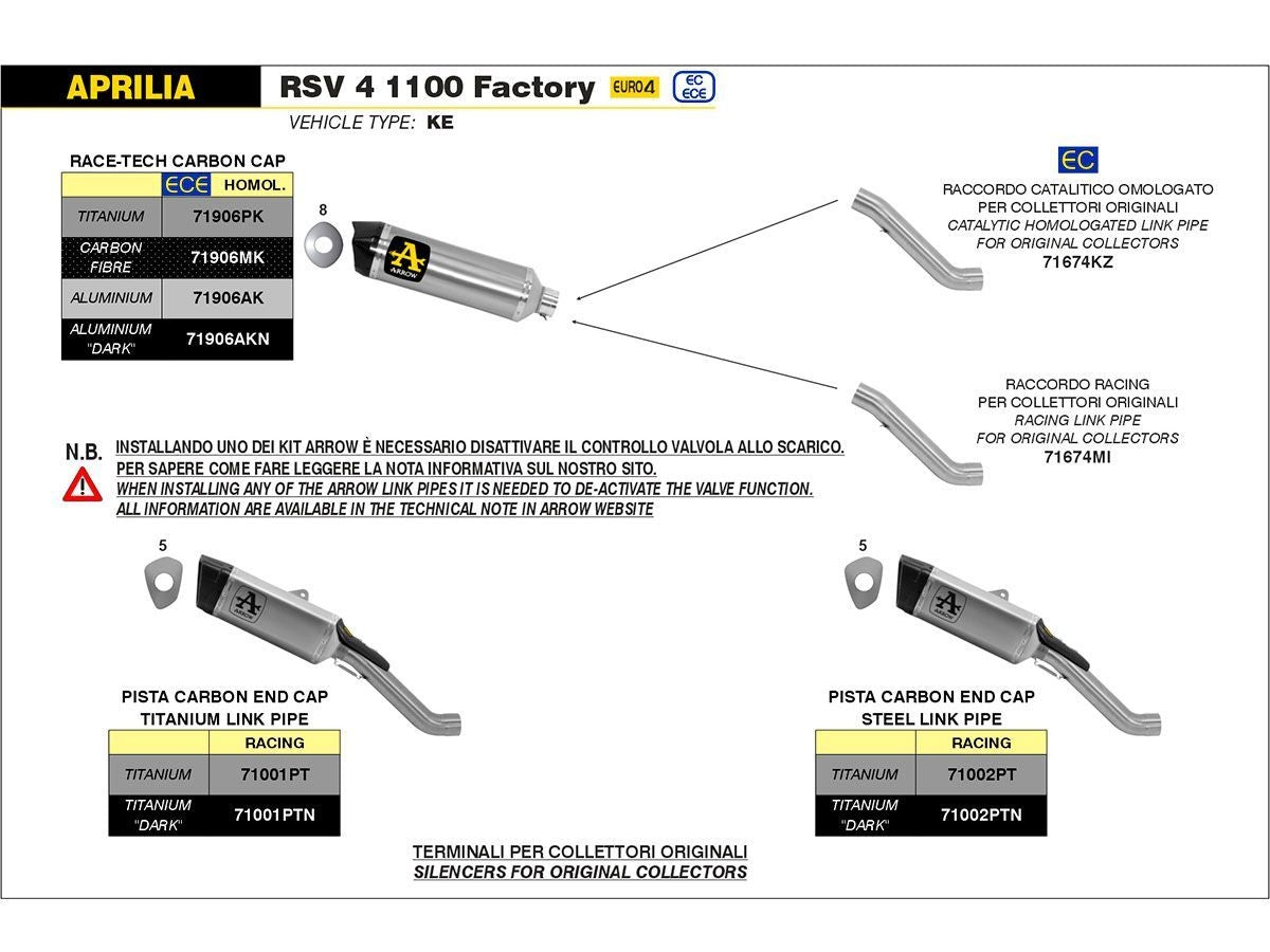 71674kz Arrow Aprilia Tuono V4 1100RR 17-20 Homologated Stainless Steel Link Pipe For Arrow Silencers And Original Collectors