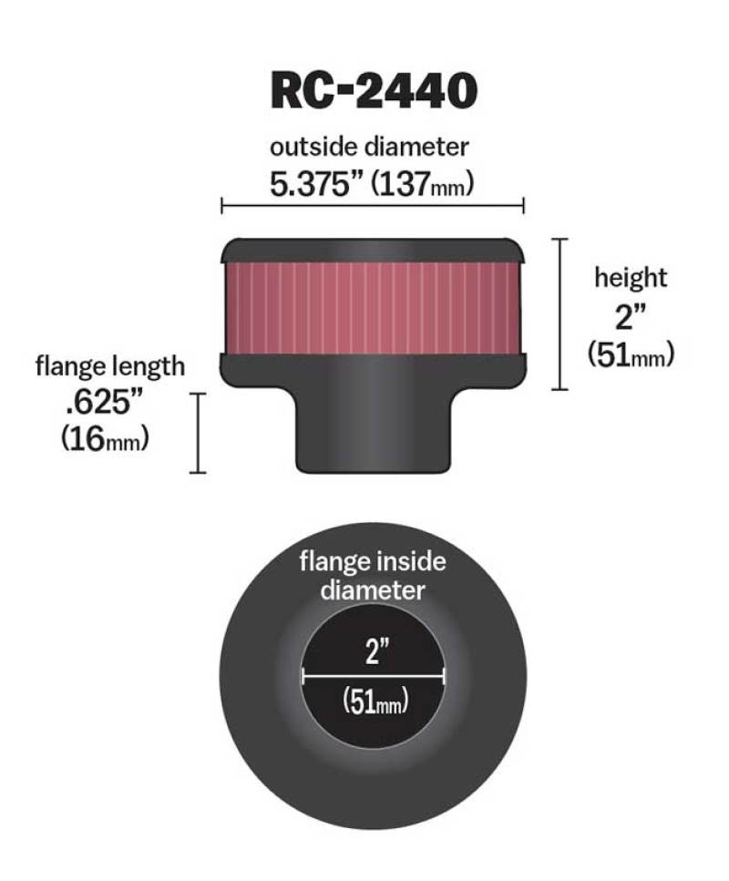 K&N Universal Round Clamp-On Air Filter 2in. Flange / 5-3/8in. OD / 2in. Height RC-2440