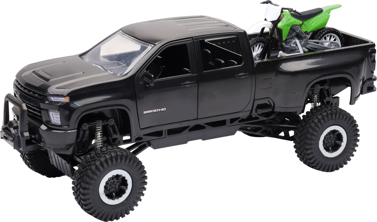 NEW-RAY1:20 Scale Chevrolet 3500 Hd Offroad Pickup W/Grn Dirt BikeSS-37596