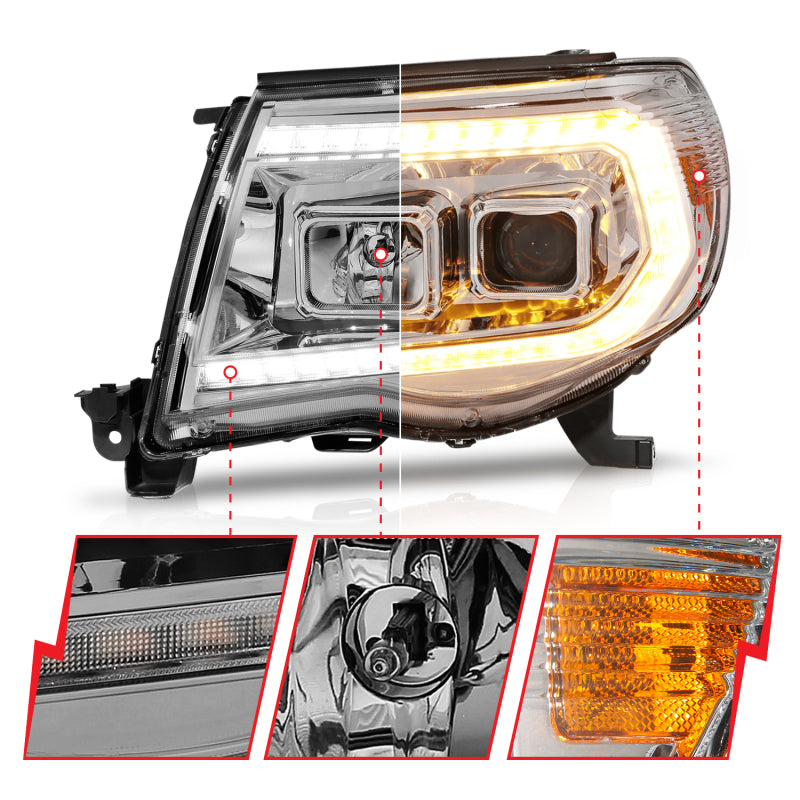 ANZO 05-11 Toyota Tacoma Projector Headlights w/Light Bar Switchback Chrome Housing 111565