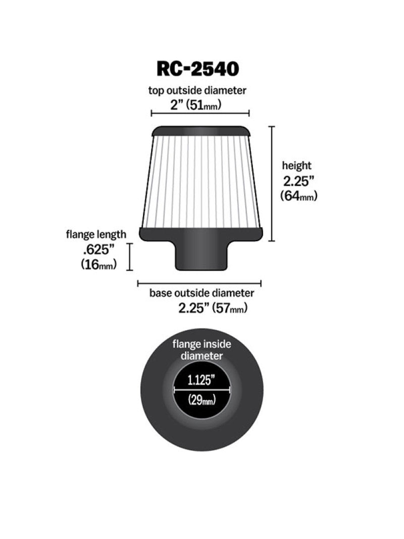 K&N Universal Chrome Filter 1 1/8 inch FLG / 2 1/4 inch Bottom / 2 inch Top / 2.5 inch Height RC-2540