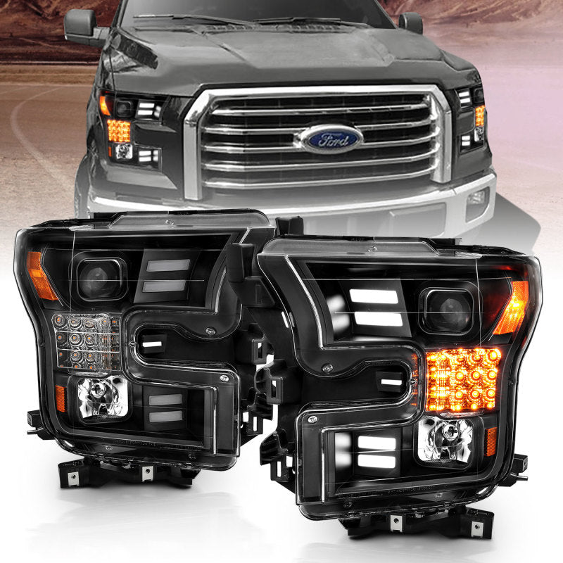 ANZO 15-17 Ford F-150 Project Headlights w/ Plank Style Design Black w/ Amber Sequential Turn Signal 111408