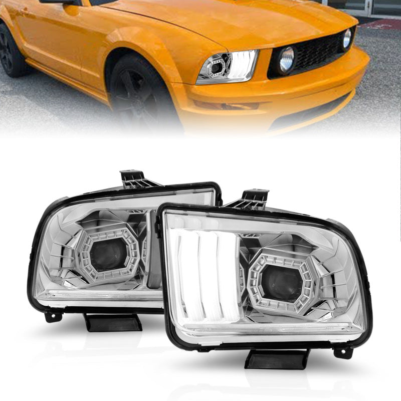 ANZO 05-09 Ford Mustang (w/Factory Halogen HL Only) Projector Headlights w/Light Bar Chrome Housing 121567