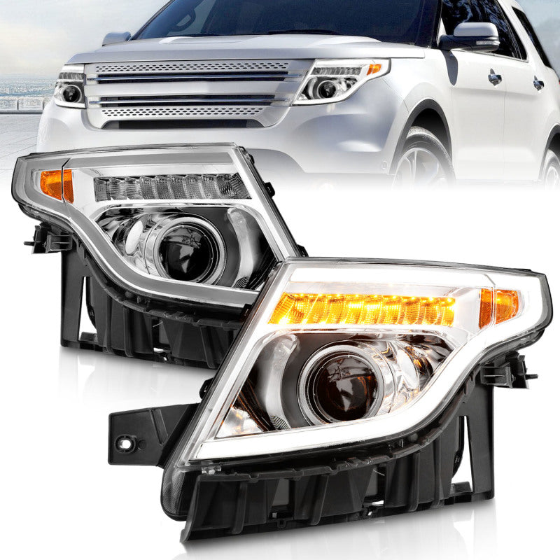 ANZO 11-15 Ford Explorer Projector Headlights w/ Light Bar Chrome Housing w/ Amber light 111576