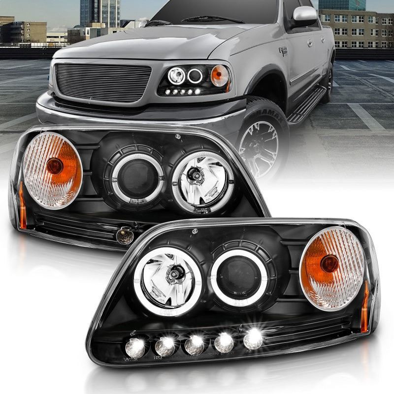 ANZO 1997.5-2003 Ford F-150 Projector Headlights w/ Halo and LED Black 1pc 111031