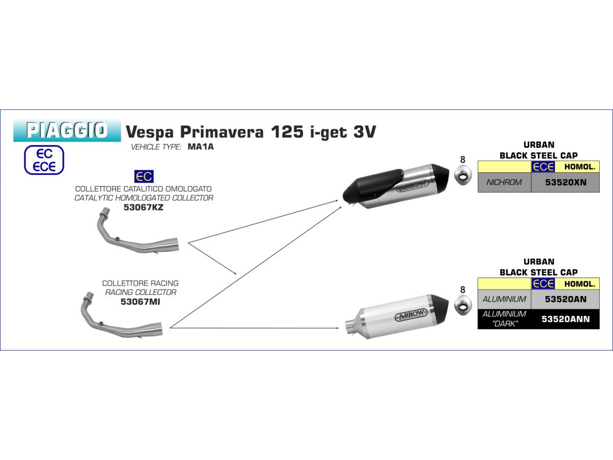 Arrow Vespa Primavera I-Get 125'17/18 Homolog. Aluminium Dark Urban Sil.With Stainless Steel Dark End Cap For Arrow Collector 53520ann