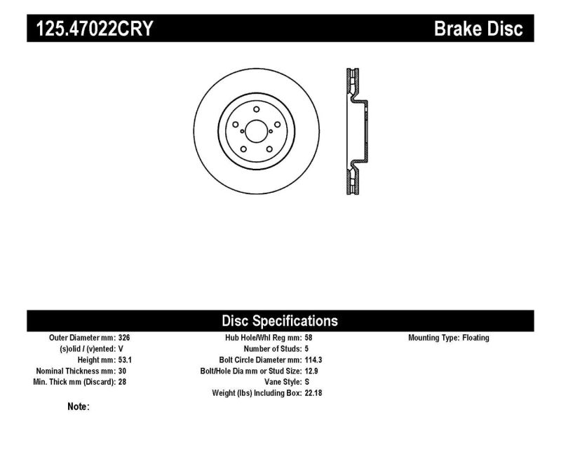 Stoptech 05-07 Subaru Impreza WRX Sti Front High Carbon CRYO-STOP Rotor 125.47022CRY