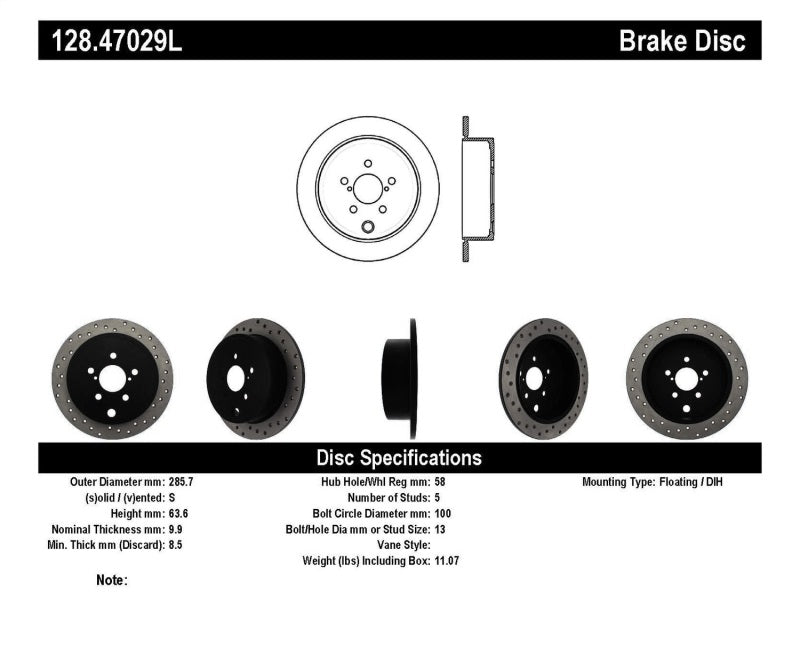 StopTech 08-10 WRX Drilled Left Rear Rotor 128.47029L