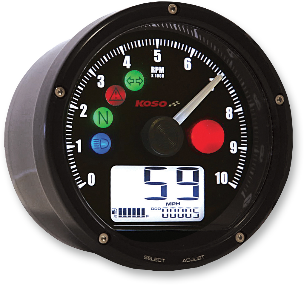 KOSO NORTH AMERICA TNT-01R Universeller elektronischer Tachometer/Drehzahlmesser – schwarzes Zifferblatt/Gehäuse BA035K00