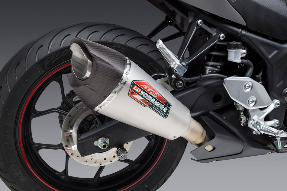 Yoshimura At2 Street  Slip-On, Yzf-R3 15-22  Exhaust System Works Finish, Stainless Steel With Stainless Steel Sleeve And Carbon Fiber End Cap