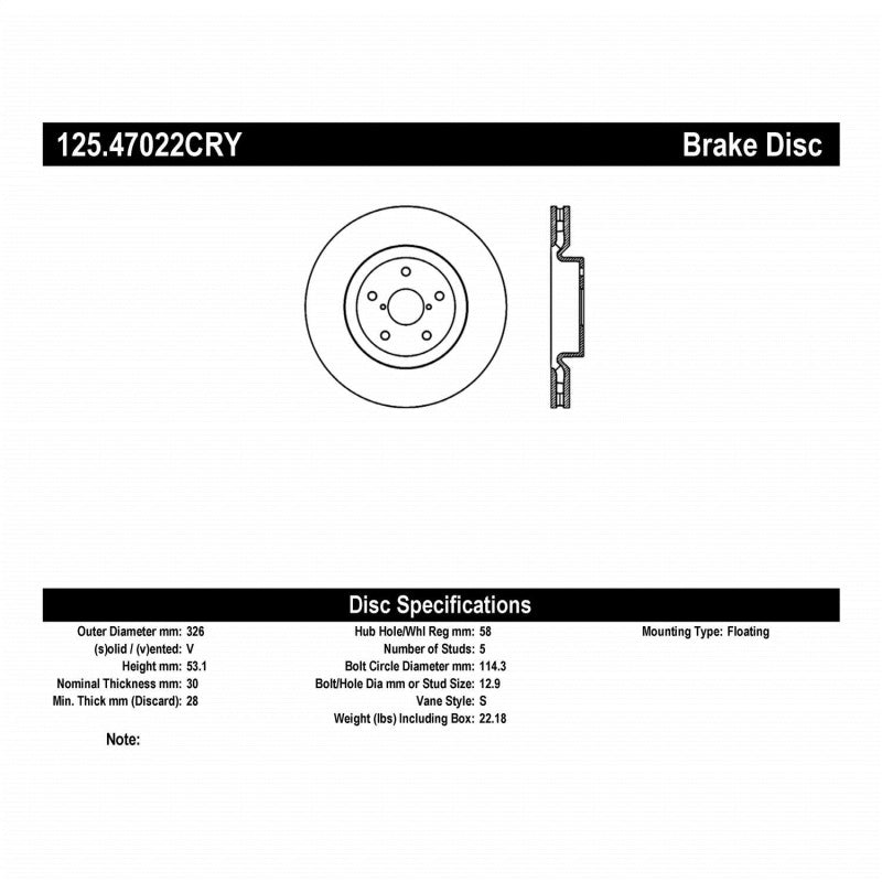 Stoptech 05-07 Subaru Impreza WRX Sti Front High Carbon CRYO-STOP Rotor 125.47022CRY