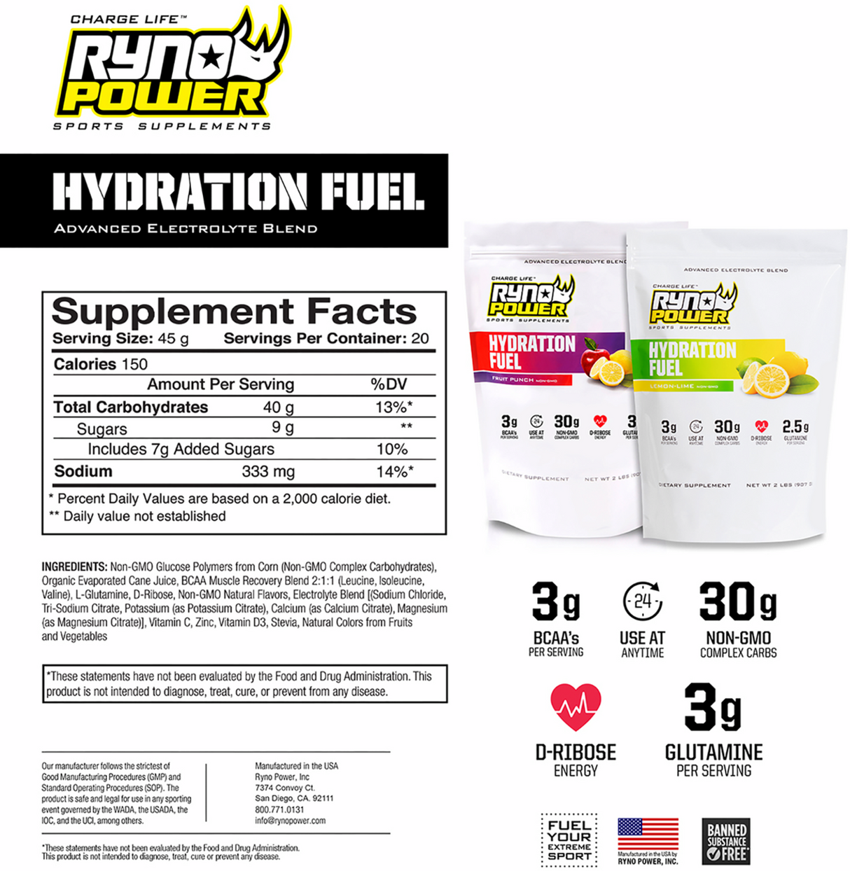 RYNO POWER Hydration Fuel Drink Mix - Fruit Punch - 1 lb - 10 Servings 1LB-HYD-FP