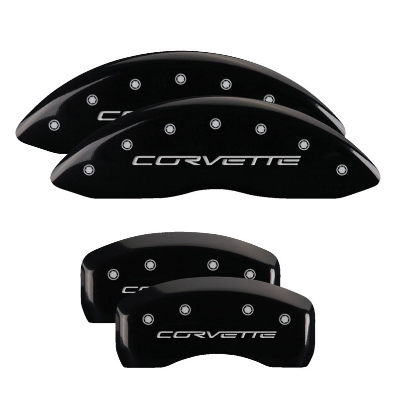 MGP 4 Caliper Covers Engraved Front & Rear C6/Corvette Black finish silver ch 13008SCV6BK