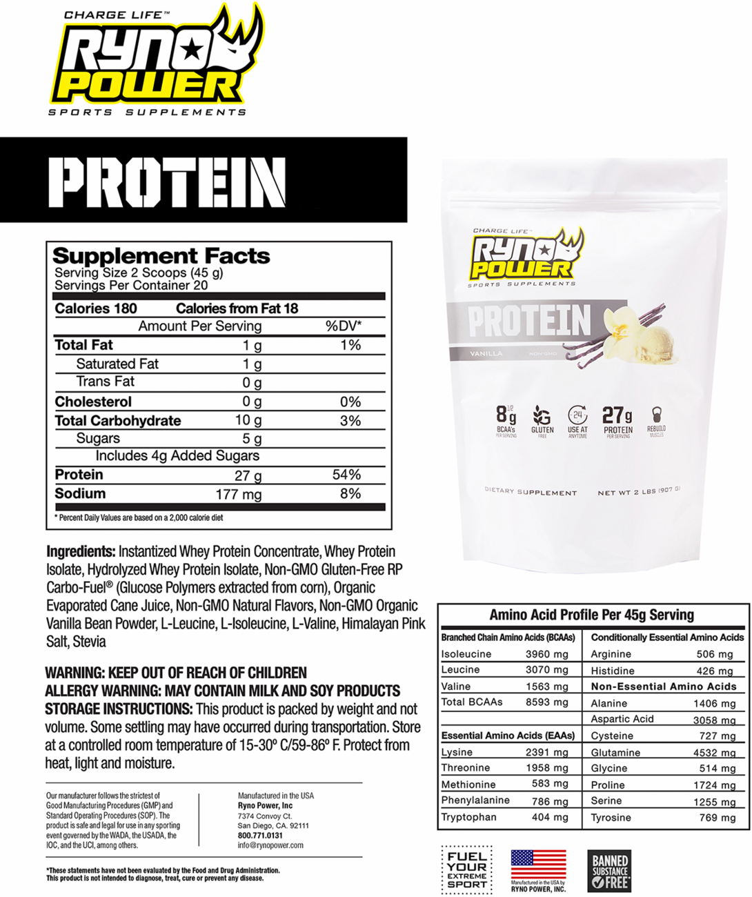 RYNO POWER Protein Powder - Vanilla - 2 lb - 20 Servings PPV4664